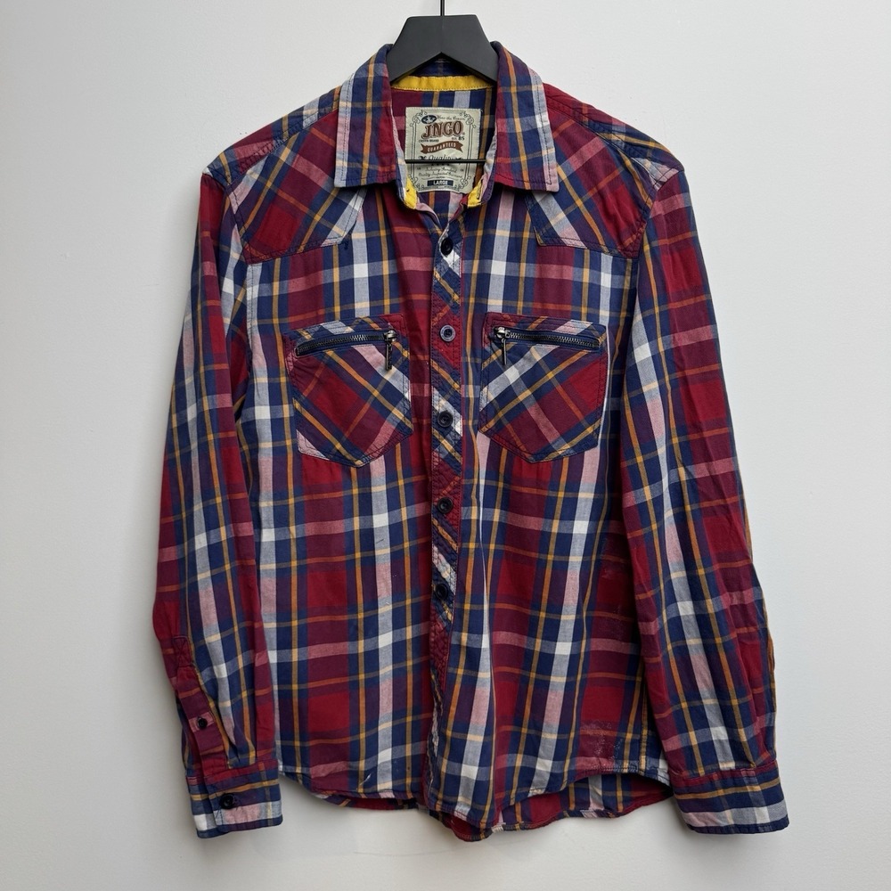 JNCO Crown Brand L Red Plaid‎ Shirt Long Sleeve Button Up Zip Pockets Men's Y2K